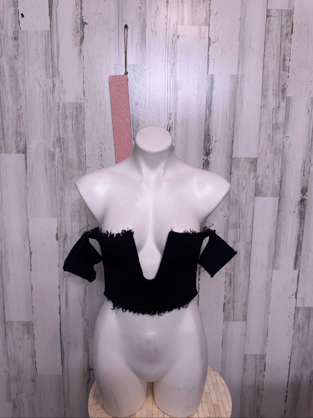 Better Be Deep V Wire Crop Top Womens L Off the Shoulder Frayed Ribbed Black